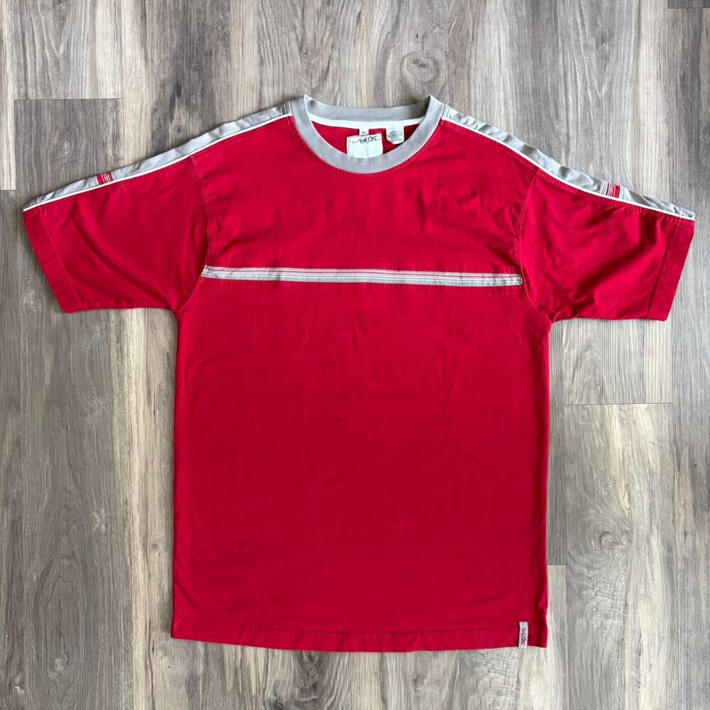 Vintage Point Zero T-Shirt Men's Size M Red Gray Striped Logo Skate Grunge